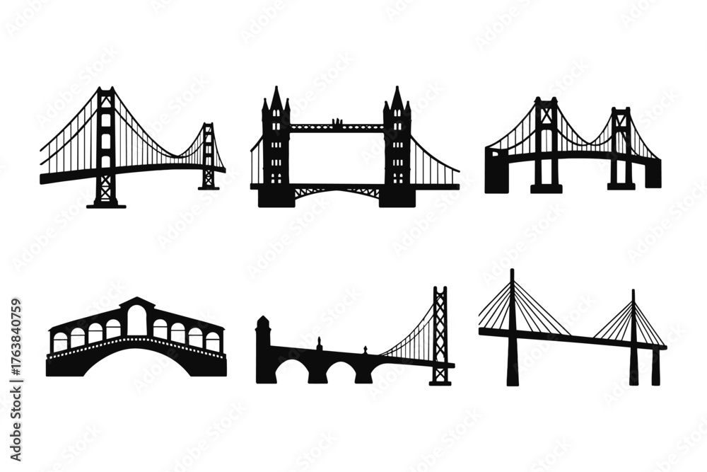 Obraz premium Collection of iconic bridge silhouettes in black and white design