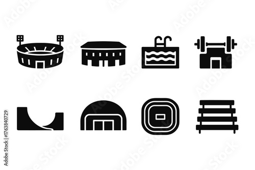 Sports facility icons: stadiums, pools, and gyms in minimalist black design