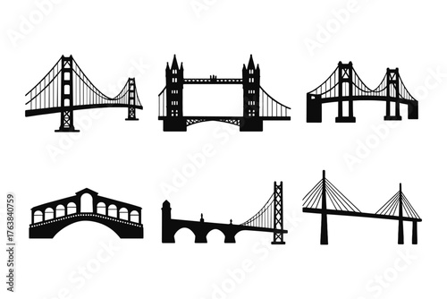Collection of iconic bridge silhouettes in black and white design