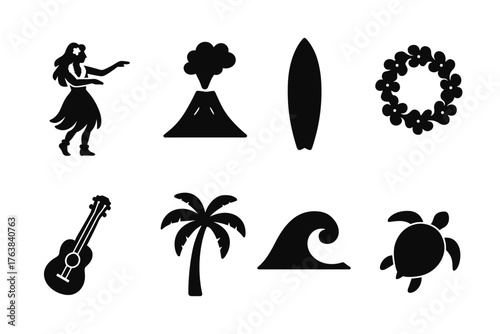 Hawaiian silhouettes: hula dancer, volcano, surfboard, palm tree, and more icons
