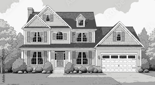 Classic American suburban two-story house with a front porch and attached garage, presented as a black and white architectural line art illustration