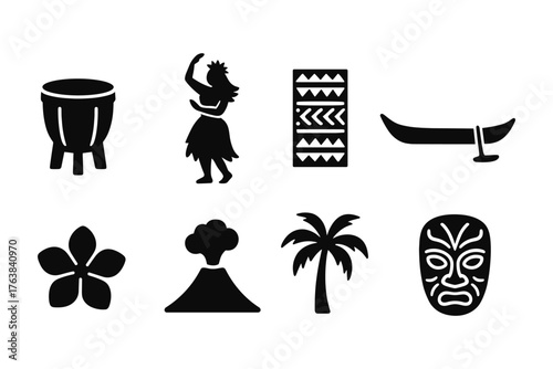 Hawaiian culture icons: tropical symbols in black silhouette style