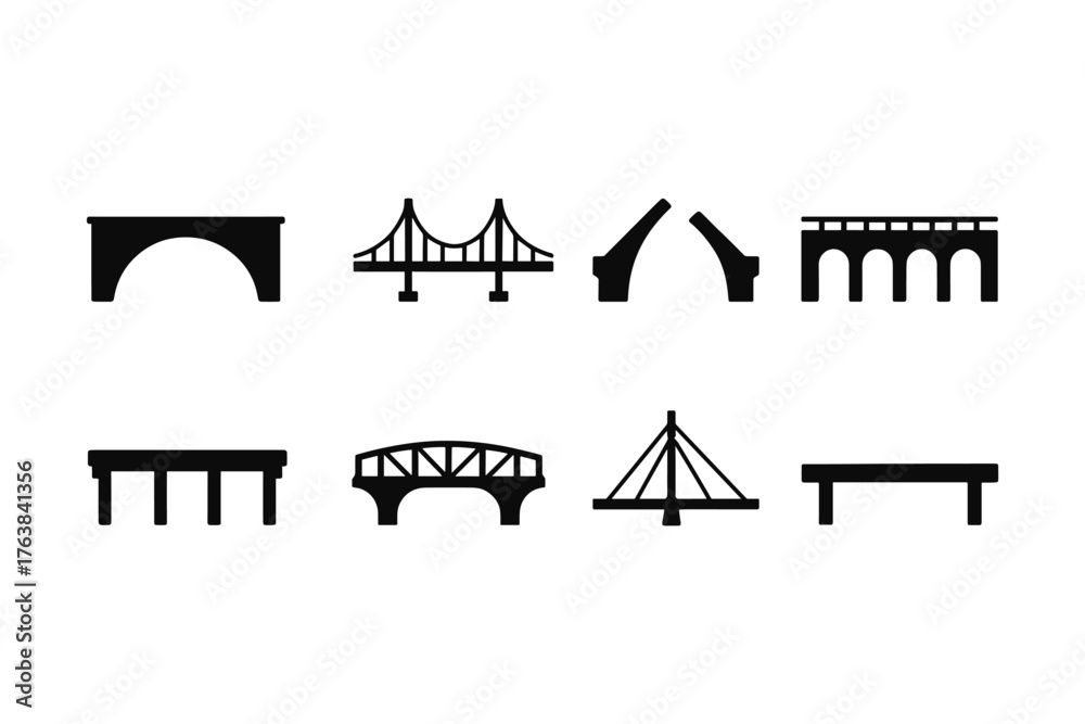 Obraz premium Collection of silhouette bridge icons featuring various architectural designs