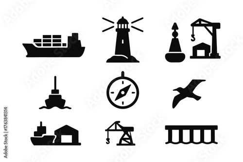 Nautical silhouette icons: ship, lighthouse, compass, and crane set