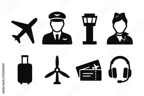 Aviation silhouette set featuring pilot, airplane, and cabin crew icons