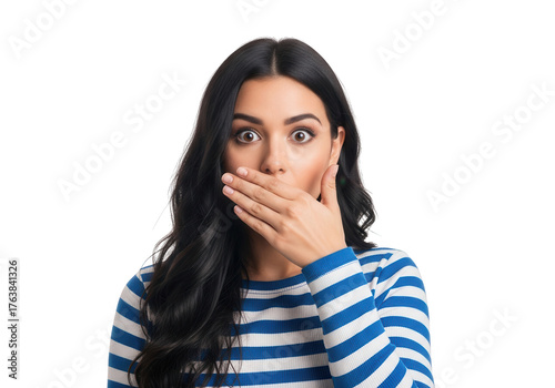 Young woman dark hair covering her mouth in surprise isolated on transparent background