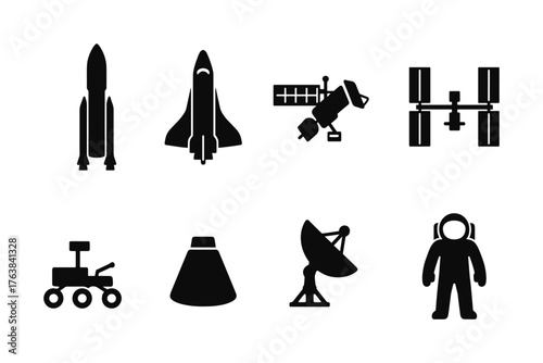 Space exploration icons set: silhouette of rockets, satellites, and astronaut