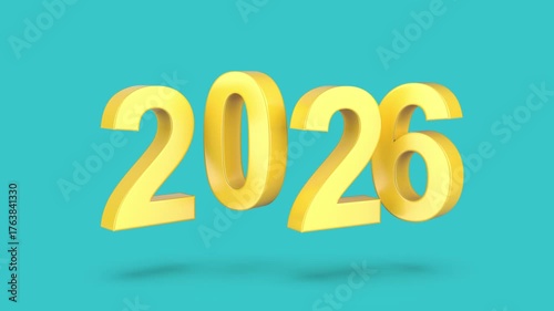 Happy New Year 2026 with spinning yellow numbers on turquoise background
