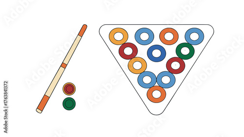 Pool Table Setup: A well-arranged collection of pool table equipment, including a cue stick, billiard balls, and a set of object balls ready for an engaging game.