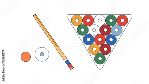 Game On: A strategic arrangement of billiard balls is prepared for a competitive game, complete with a cue stick and a cue ball. The anticipation of a thrilling match unfolds.