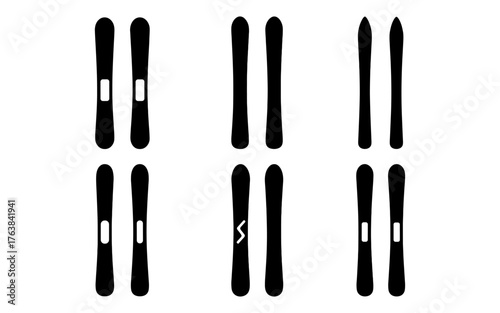 Minimalist ski equipment set with various styles of skis in black silhouette design