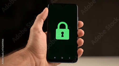 Hand Holding Smartphone with Green Padlock Symbol on Black Screen Against Dark Background Security Concept