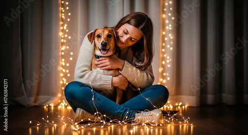 Warmth and affection emanate as a woman embraces her dog, surrounded by a soft glow of lights, creating a cozy and heartwarming moment.