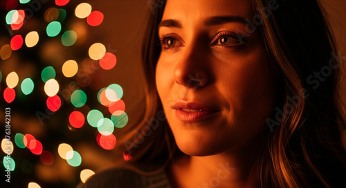 A portrait of a thoughtful woman bathed in warm, festive light with a colorful bokeh background hinting at celebration and holidays.