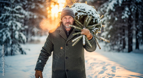 Man trekking through snow-covered woods, carrying a festive fir tree, bathed in winter sunshine. A scene of nature's beauty and festive spirit.