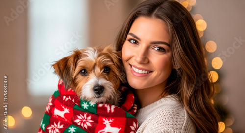 Holiday cheer is here! A girl, radiating warmth, snuggles with her furry friend wrapped in a festive patterned blanket.