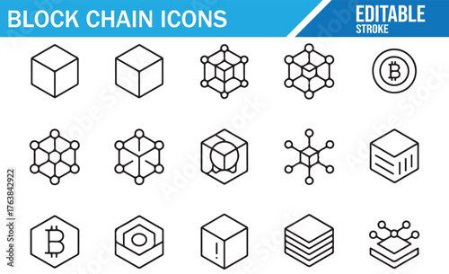 Smart contract and blockchain cubes — vector-style line icons
