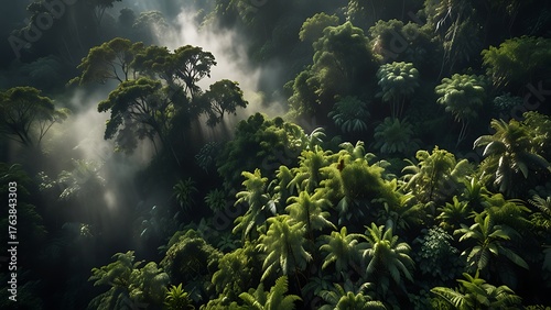 Aerial cinematic shot of mist covered tropical forest illuminated by scattered rays of morning light