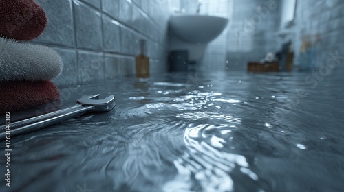 Flooded bathroom interior with water on the floor caused by leaking pipe under sink