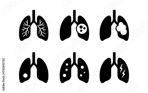 Lung health icons: set of six lungs with medical conditions in silhouette style
