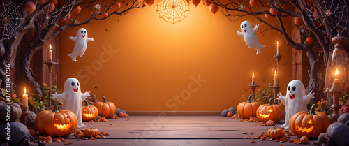 3D toon Halloween background in fun and bright style, decorated with ghosts, pumpkins, spider webs, and candles framing the scene, open space at the center