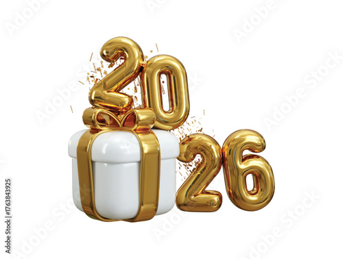 2026 Happy New Year with gift box and party confetti 3d render concept of gift box with 2026 Golden metal number 3d render vector illustration