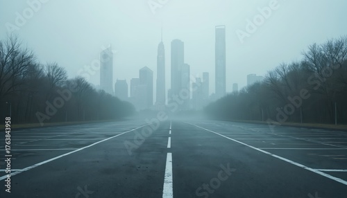 Empty parking lot on foggy day with city skyline in mist. Wet asphalt road with white lines leads to modern skyscrapers. Leafless trees flank deserted urban street creating gloomy, quiet, mysterious