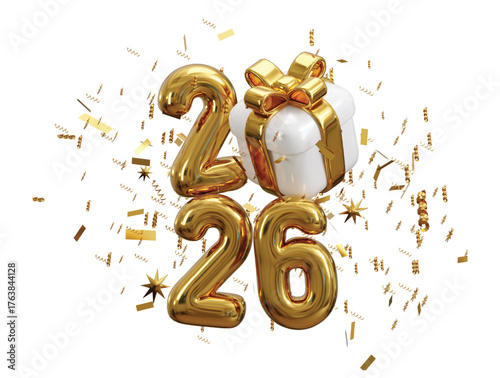 2026 Happy New Year with gift box 3d render concept of gift box with 2026 Golden metal number and party confetti 3d render vector illustration