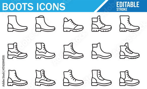 Clean outline footwear symbols, leather boot vector set, isolated
