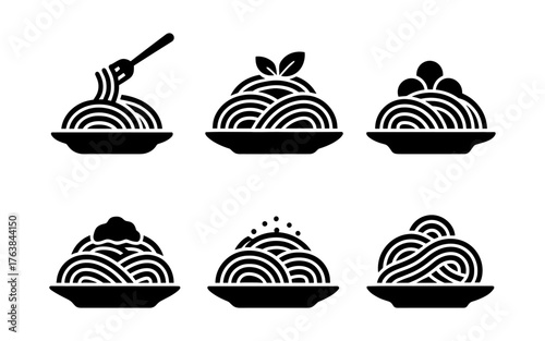Silhouette icon set of pasta dishes with various toppings