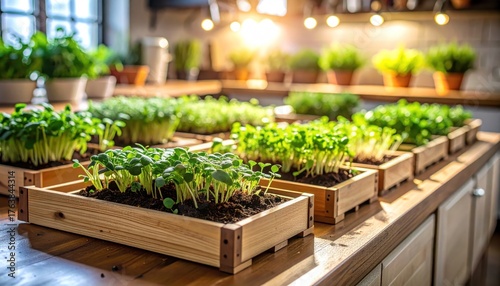 Fresh Microgreens in Wooden Trays with Kitchen, Natural Light, and Healthy Food.