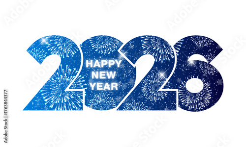 Happy New Year 2026 text design. Firework and snowfall. Vector illustration.