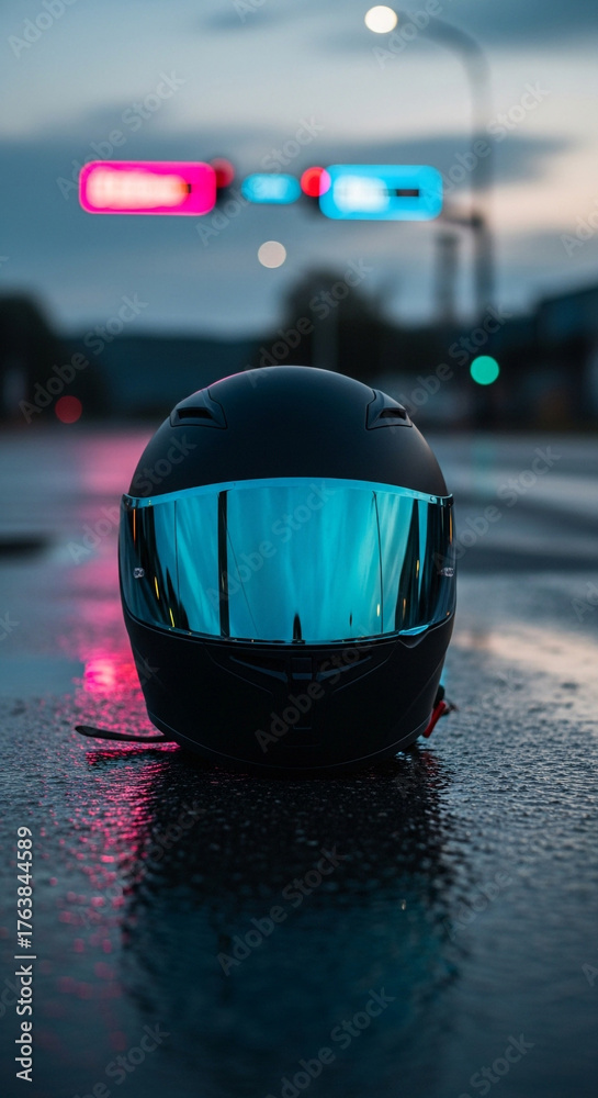 Fototapeta premium Sleek matte helmet on rainy asphalt, neon street light reflections, atmospheric urban styling
