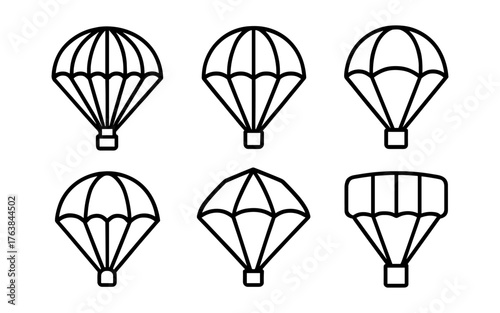 Set of six simple parachute icons in linear style