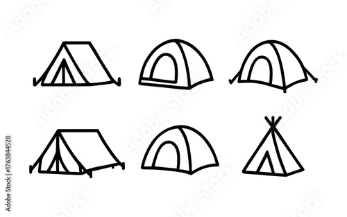 Simple hand-drawn camping tents collection: minimalist outline designs