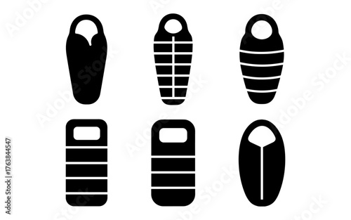Minimalist sleeping bag icons set in black and white silhouette style
