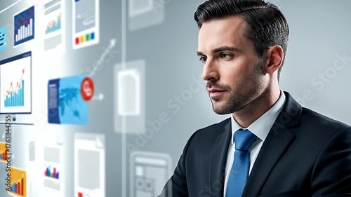 Wallpaper Mural Focused Businessman Working on Laptop with Data Graphics Floating in a Bright Office Setting Displaying Information and Insights Wearing Suit and Tie Torontodigital.ca