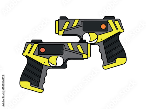 Laser Guns Duo: Two futuristic laser guns are presented, designed with a sleek, ergonomic build and vibrant yellow and grey accents. This conceptual design evokes a sense of sci-fi and action.