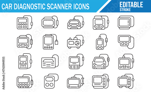Vehicle OBD reader line art icons collection for mechanic and garage use