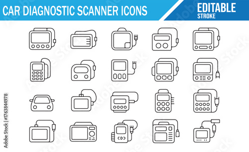 Automotive diagnostic scanner icon set for car repair and maintenance tools