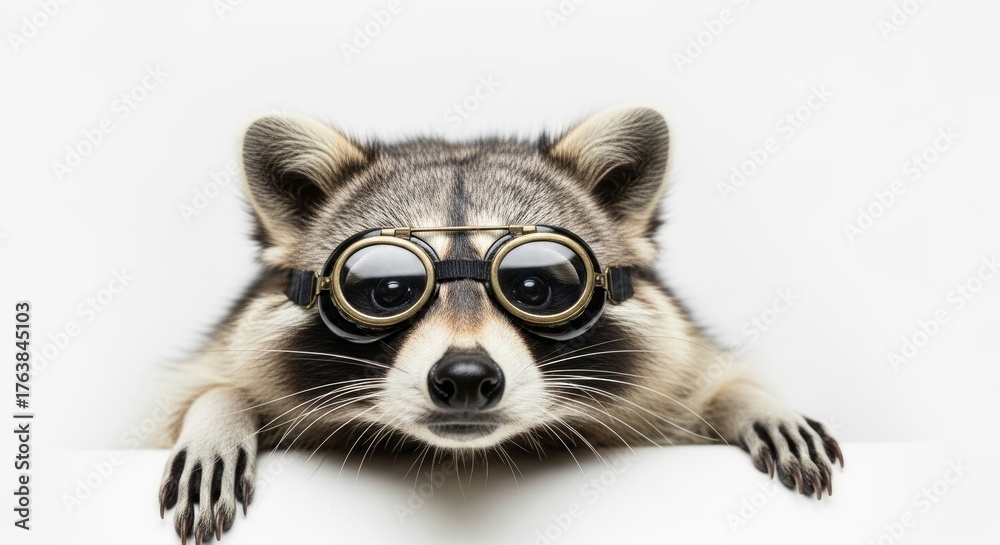 Obraz premium raccoon wearing goggles on it's head on a solid white background