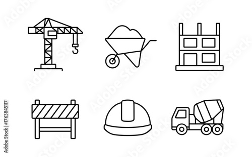 Construction icons set featuring linear crane, wheelbarrow, building, barrier, hard hat, and cement truck