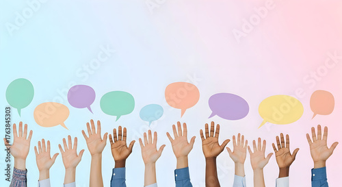 Diverse hands raised with colorful speech bubbles, symbolizing ideas, communication, and participation in a vibrant community.