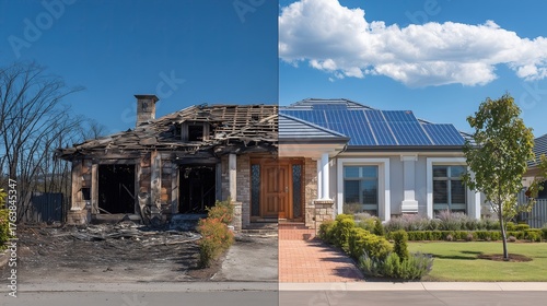 Before and after image of residential house showing transformation from fire damaged property to fully restored modern home with solar panels