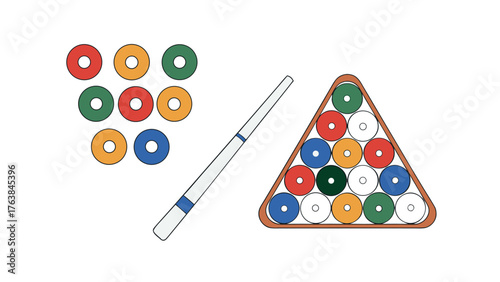 Pool Game Elements: A vibrant illustration showcasing the key elements of a pool game, including a cue stick, rack of numbered balls, and a formation of colored rings.
