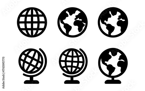 Minimalist globe icon set displaying world map in various styles