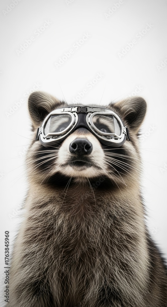Fototapeta premium raccoon wearing goggles on it's head on a solid white background