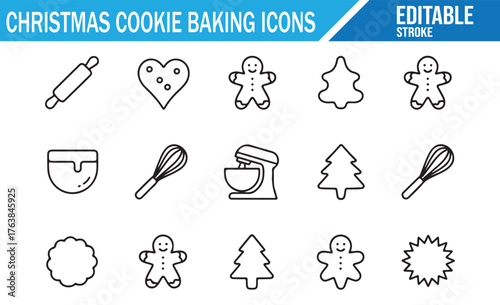 Festive gingerbread cookies and baking tools icon collection, editable vector