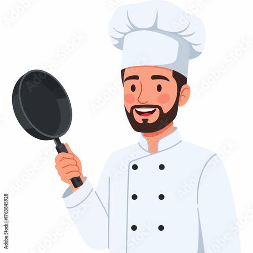 Happy chef smiling while holding a frying pan ready to cook delicious meals for hungry customers in his restaurant