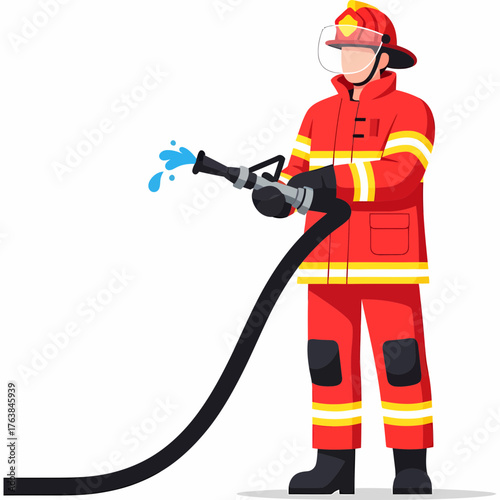 Brave firefighter powerfully spraying water from hose, ready for emergency response and community safety promotion